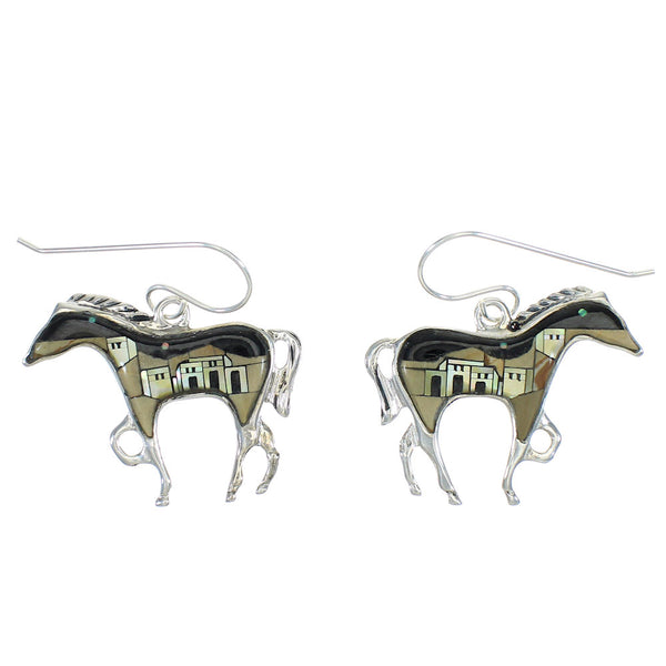 Native American Village Design Multicolor Sterling Silver Horse Hook Dangle Earrings WX78948